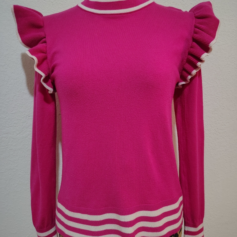 Fuchsia Ruffle Shoulder Sweater with White Trim